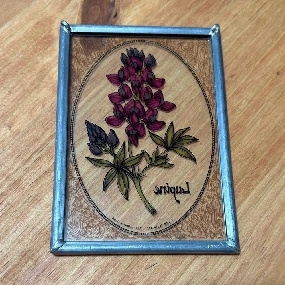 Vintage Lupine Floral Art Painted‎ Glass Sun Catcher w/ Metal Border 5.25